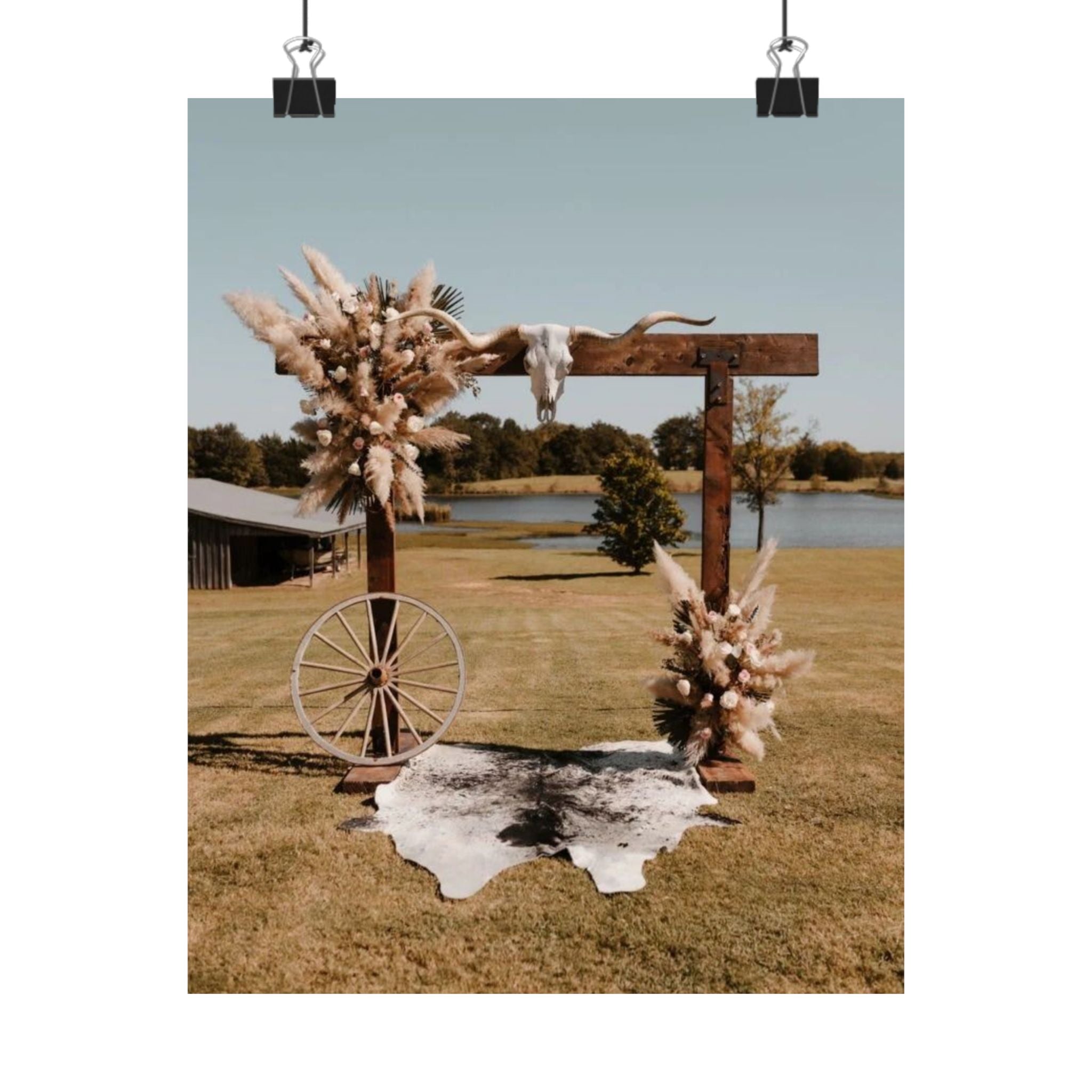 Western Ranch Wedding Arch Poster — Boho Cow Skull & Pampas Grass Matte Vertical Print